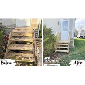 Before and after rotted wood porch steps rebuilt with new handrail in Dublin Ohio by Ace Handyman Services Northwest Columbus