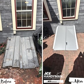 Before and after steel basement cellar door replacement in Worthington Ohio by Ace Handyman Services Northwest Columbus