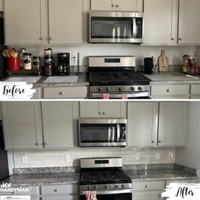 Before and After Ace Handyman Services installed tile backsplash in kitchen in Pickerington, Ohio