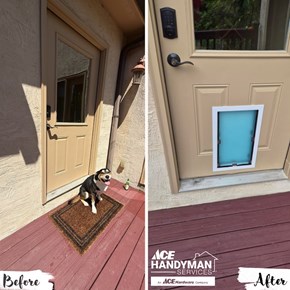 Before and after of Hale Pet Door installed in back door for backyard access by Ace Handyman Services Southeast Columbus in Pickerington Ohio