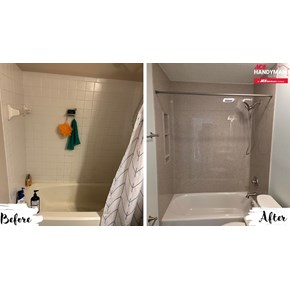 Tub and shower surround installation with Onyx Collection panels and American Standard tub, before and after in Pickerington Ohio by Ace Handyman Services