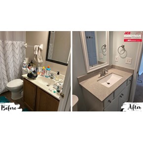 Bathroom vanity remodel with Onyx countertop and integrated sink, Delta fixtures, before and after in Pickerington Ohio by Ace Handyman Services Southeast Columbus