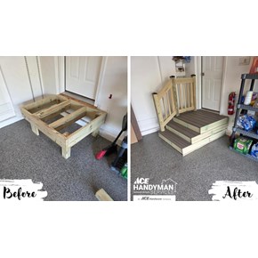 Garage entry stairs build with composite decking and handrail, before and after in Pickerington Ohio by Ace Handyman Services