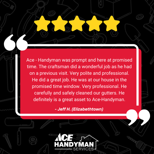 Customer review in Elizabethtown PA praising Ace Handyman Services for prompt arrival, professional gutter cleaning, and repeat quality service.