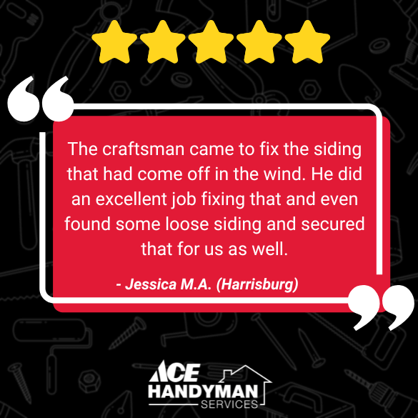 5-Star review from a Harrisburg customer, praising the wind damage repair done by Ace Handyman Services Harrisburg.