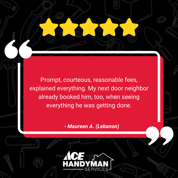 Five-star review from Lebanon PA highlighting prompt, courteous handyman service with clear communication and competitive pricing. Five-star review from Lebanon PA highlighting prompt, courteous handyman service with clear communication and competitive pricing.