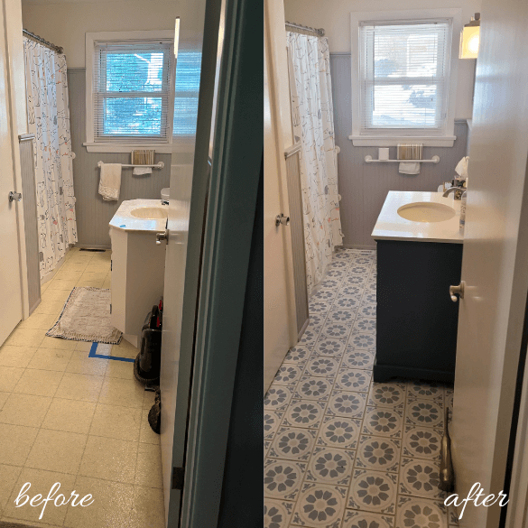 Before and after photo of a bathroom remodeling project in Hershey, featuring updated patterned flooring, a new vanity, and refreshed finishes. Before and after photo of a bathroom remodeling project in Hershey, featuring updated patterned flooring, a new vanity, and refreshed finishes.