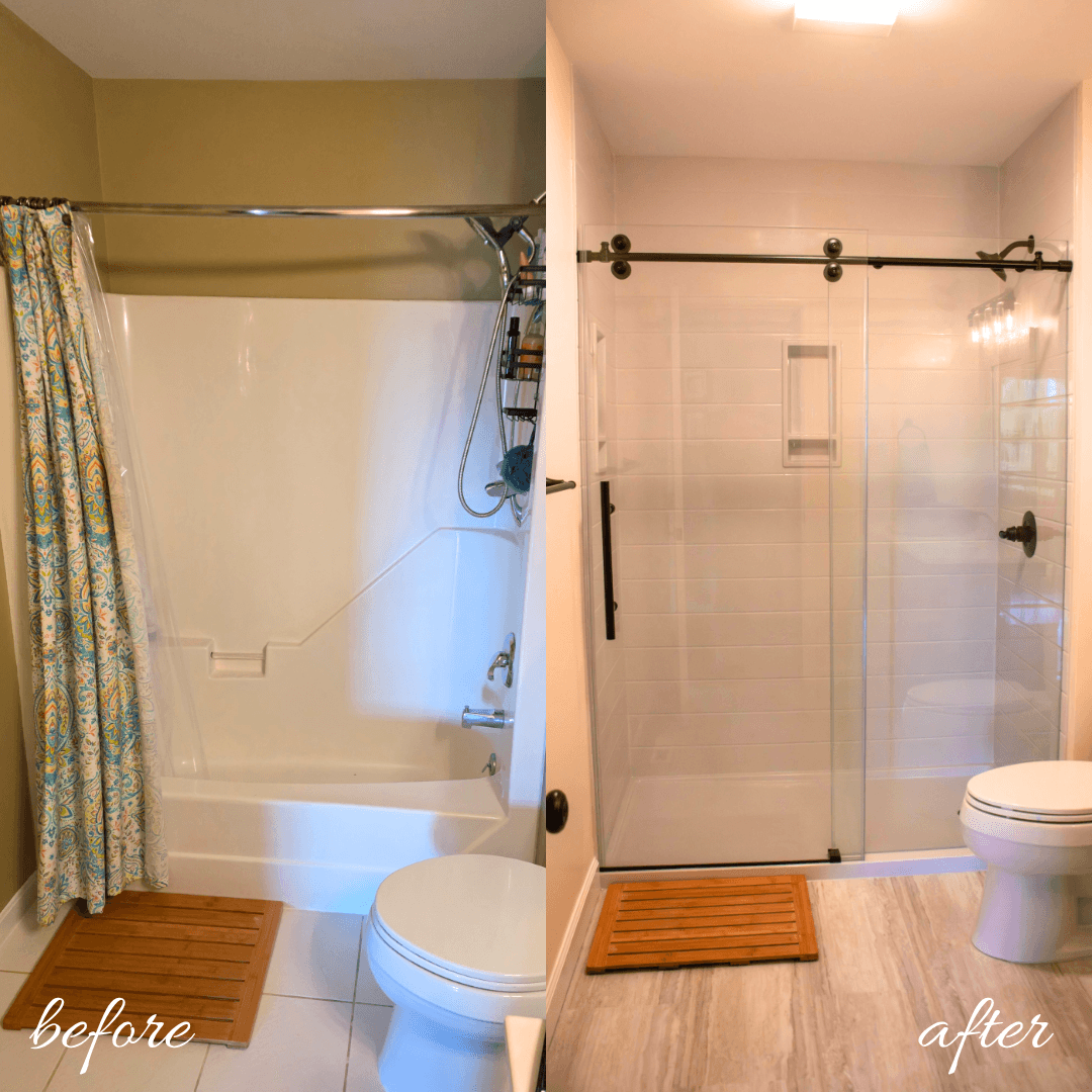 Before and after shower remodel by Ace Handyman Services. Before and after shower remodel by Ace Handyman Services.