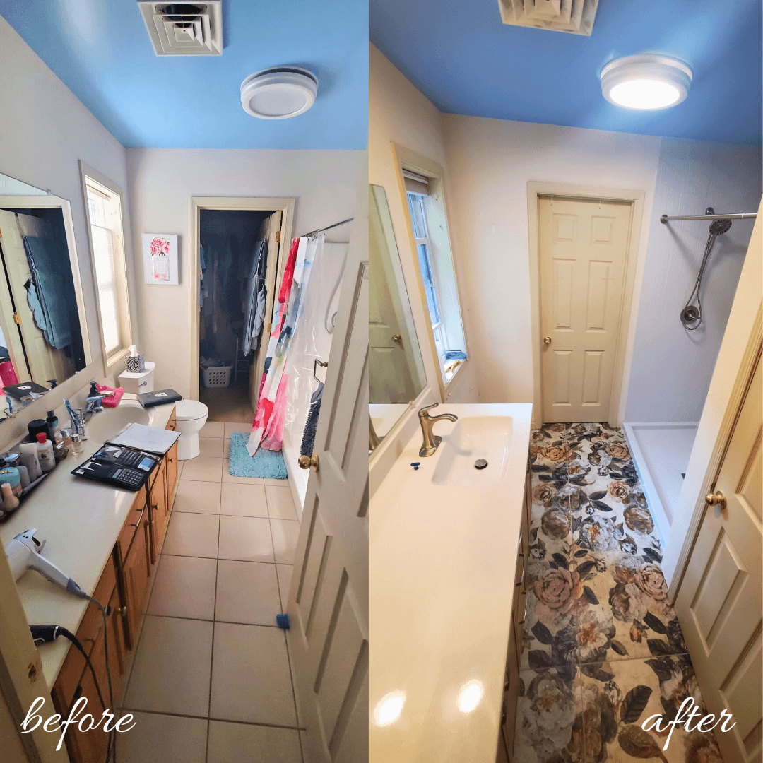 Before and after photo by Ace Handyman Services Harrisburg showing floor repair in bathroom. Before and after photo by Ace Handyman Services Harrisburg showing floor repair in bathroom.
