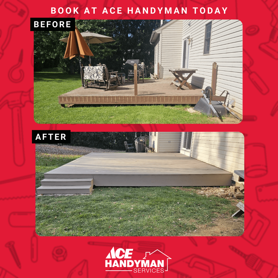 Front view of a deck in Hummelstown with new composite decking installed on the old framing using TimberTech materials. 