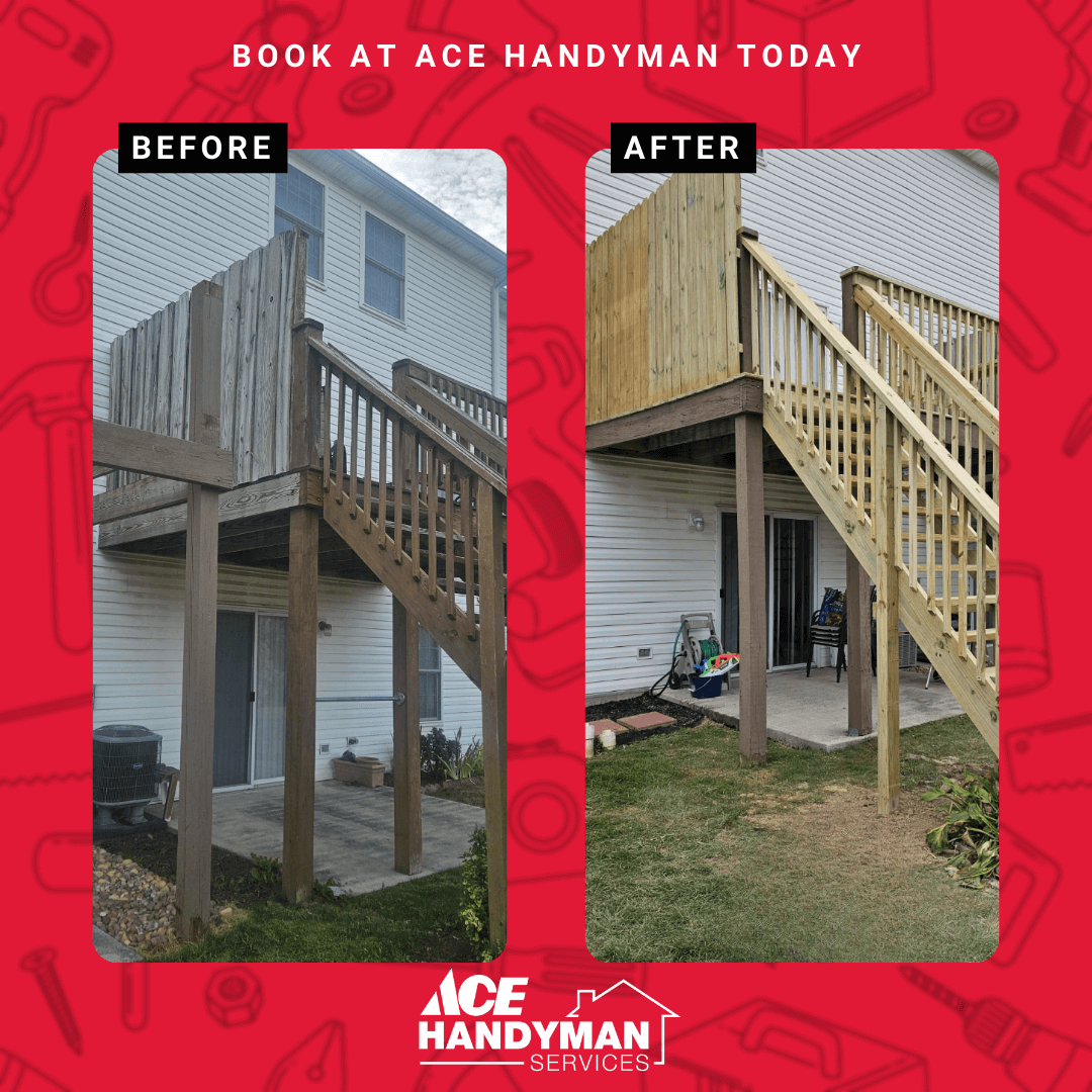 Wooden 10x14 deck in Harrisburg with new flooring, railing, privacy railing, and steps installed. 