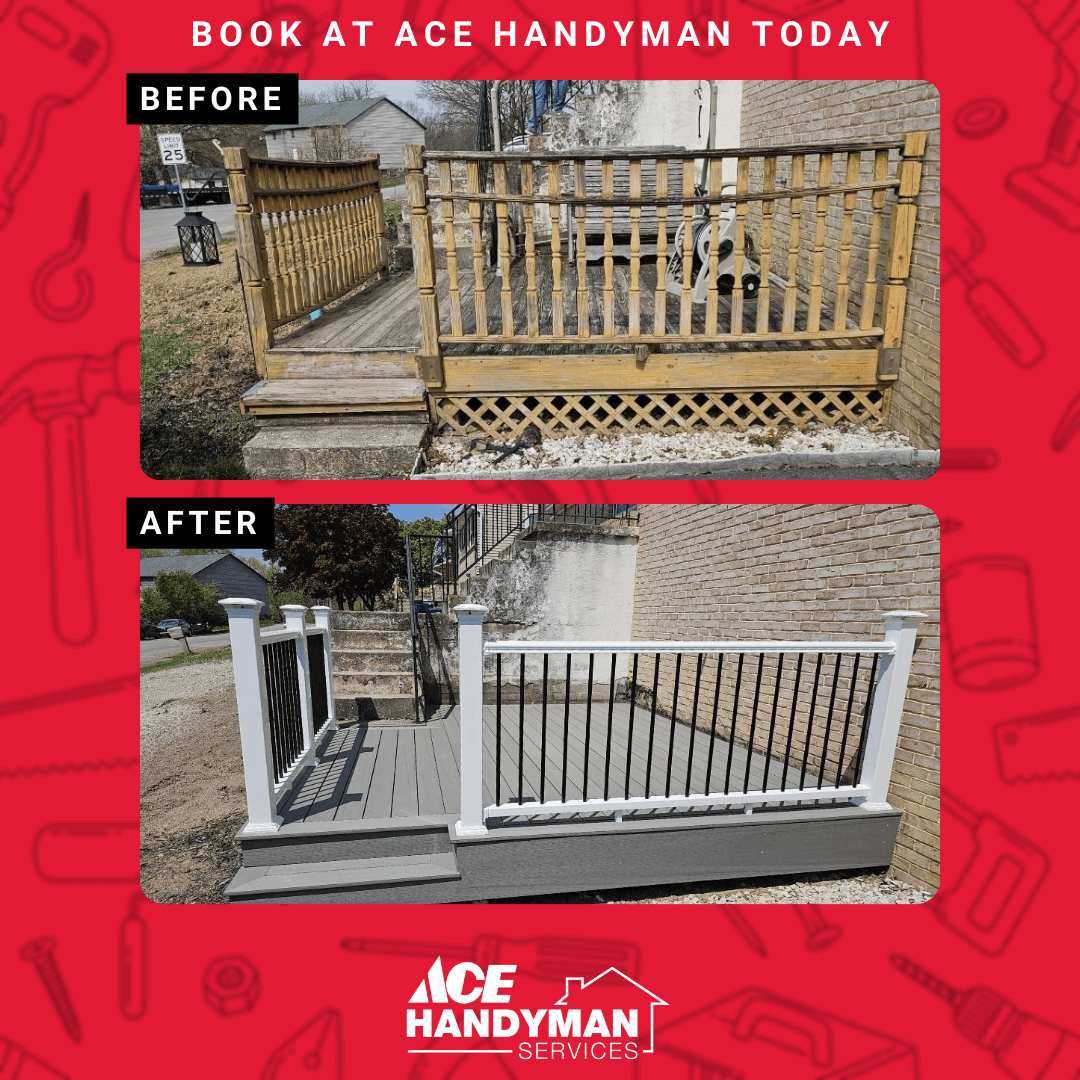 Wooden deck and railing replaced with composite decking and vinyl railing in Harrisburg. 