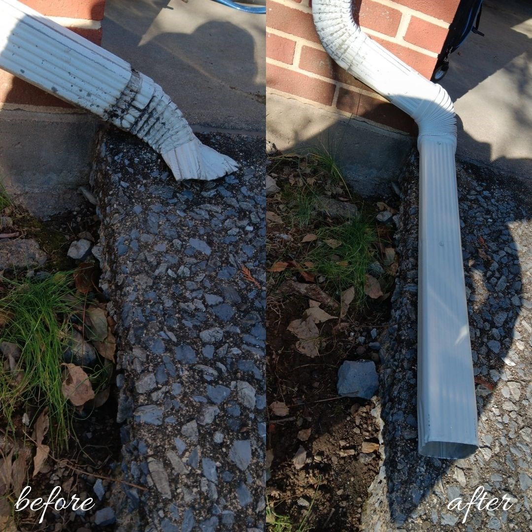 Damaged and squished downspout repaired and extended in Harrisburg to ensure proper water flow. Damaged and squished downspout repaired and extended in Harrisburg to ensure proper water flow.