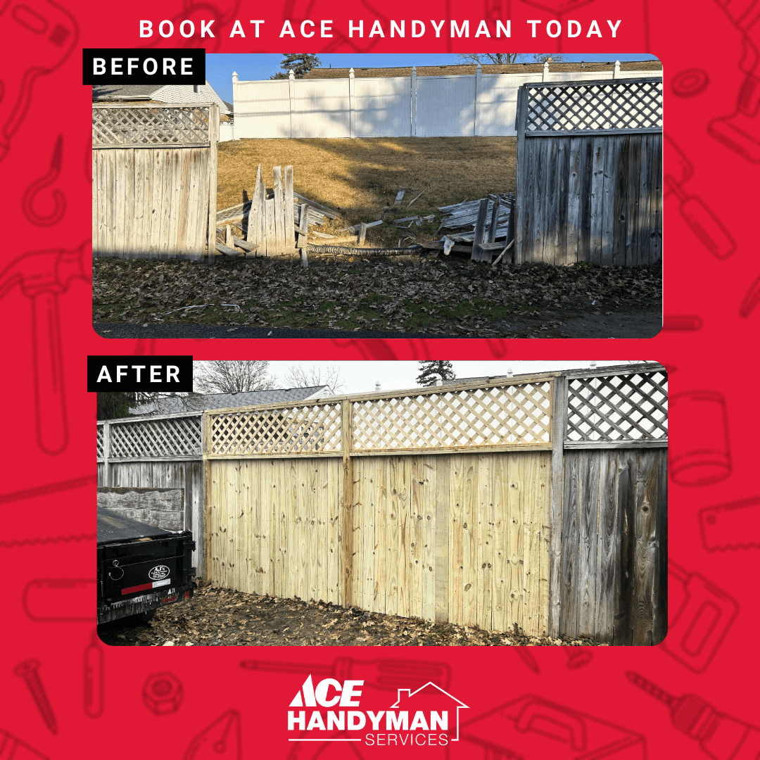 Fence repair before and after by Ace Handyman Services in Harrisburg—replaced damaged panels with a clean, sturdy new section.