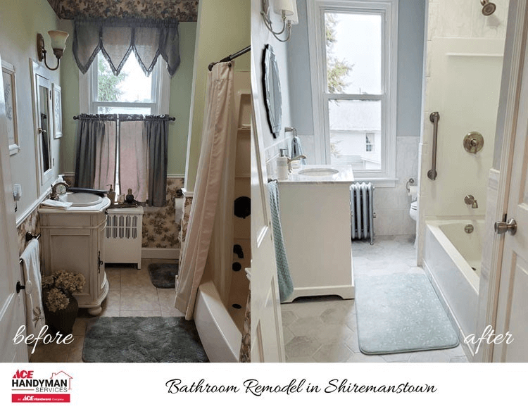 Before and after of bathroom remodel in Shiremanstown Pennsylvania by Ace Handyman Services featuring updated vanity, tile, and tub surround. Before and after of bathroom remodel in Shiremanstown Pennsylvania by Ace Handyman Services featuring updated vanity, tile, and tub surround.