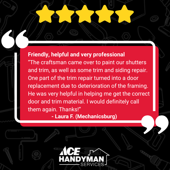 Customer testimonial praising Ace Handyman Services for professional siding repair in Mechanicsburg. 