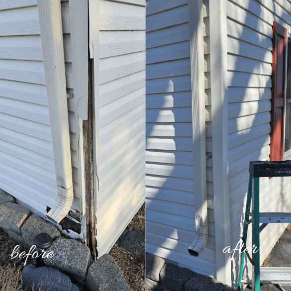 Before and after photo of siding and trim repair near a downspout by Ace Handyman in Cleona, PA, showing damaged wood and siding replaced with clean, finished materials.
