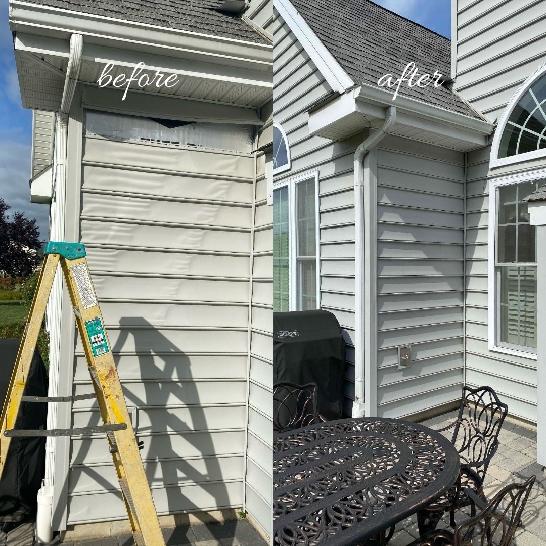 Replaced vinyl siding damaged by thermal distortion from sun and windowpanes at a commercial property in Mechanicsburg.