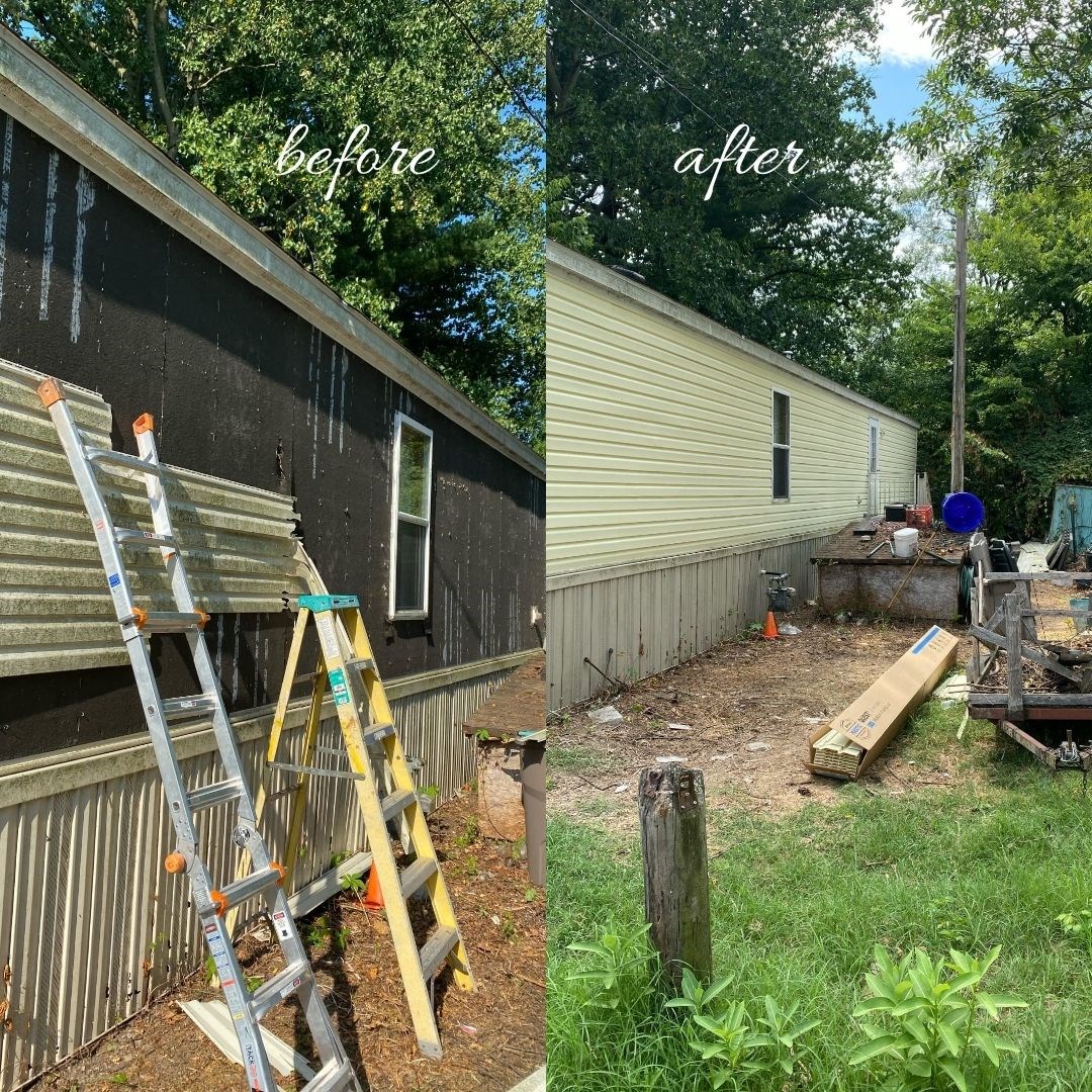 Side view of siding removal and new installation in Middletown, showcasing before and after transformation.