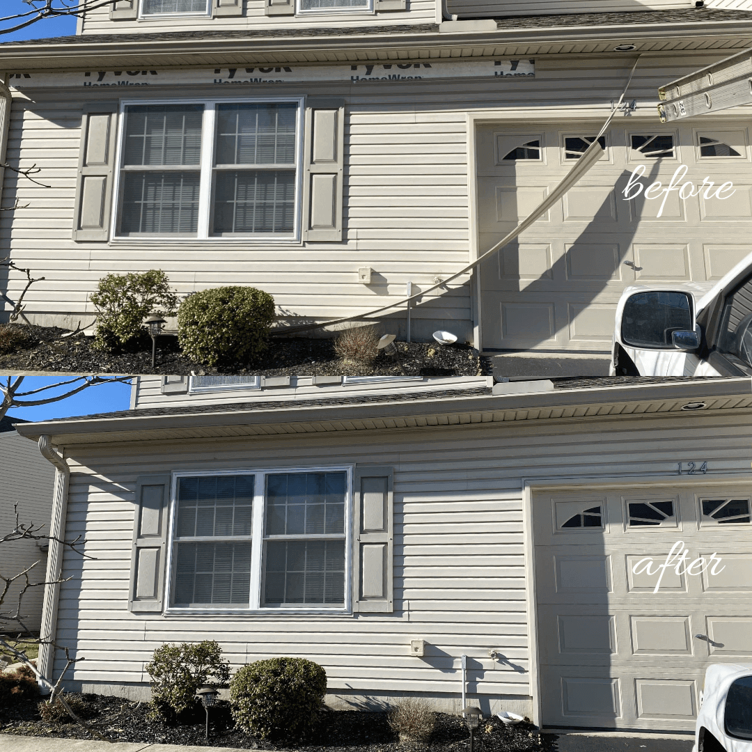 Siding repaired and replaced in Palmyra, where it was hanging across the front of the house and garage area.