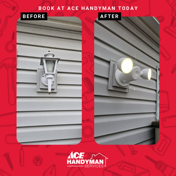 Before and after comparison of exterior light fixture replacement in Harrisburg, PA, showing old lantern-style light swapped for new dual floodlight, completed by Ace Handyman Services.
