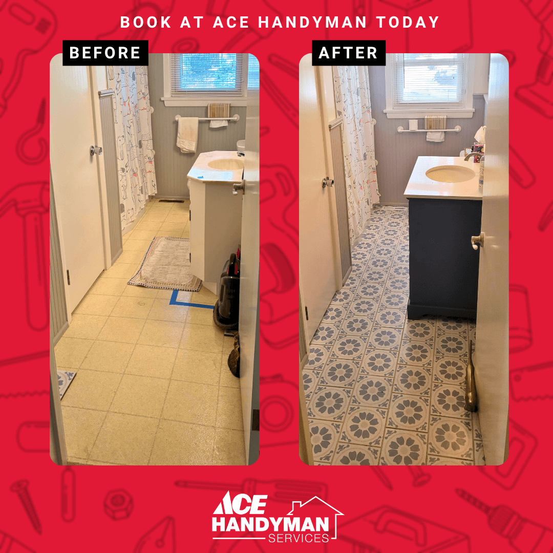 Before and after of tile installation in Harrisburg, PA, showing bare floor transformed into clean, modern grey tile flooring by Ace Handyman Services. Before and after of tile installation in Harrisburg, PA, showing bare floor transformed into clean, modern grey tile flooring by Ace Handyman Services.