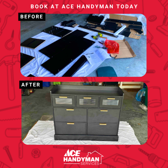 Before and after furniture assembly by Ace Handyman Services in Harrisburg, PA, showing unassembled pieces transformed into a fully built and organized furniture setup.