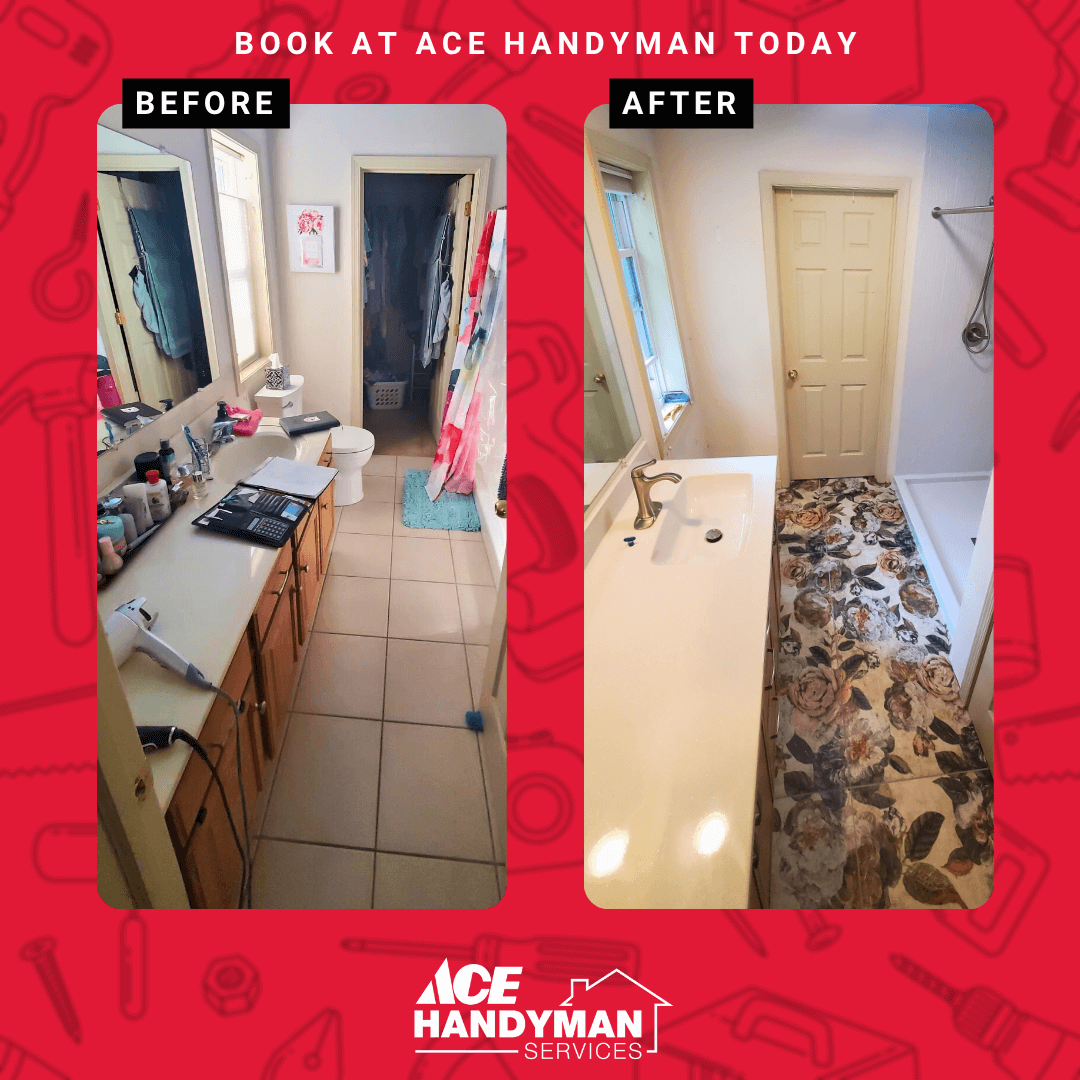From bare to beautiful; the before image shows a messy sink and boring floor, but the after image shows the lovely, flowery tile installation done by the Ace Handyman team in Harrisburg, PA. From bare to beautiful; the before image shows a messy sink and boring floor, but the after image shows the lovely, flowery tile installation done by the Ace Handyman team in Harrisburg, PA.