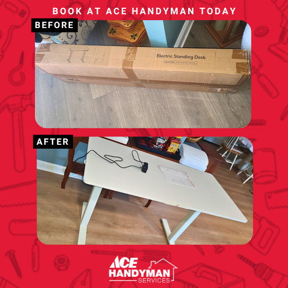 Assembling a new standing desk, job done by Ace Handyman Services, Harrisburg, PA. The image shows the process from a boxed component to a completed and installed standing desk. 