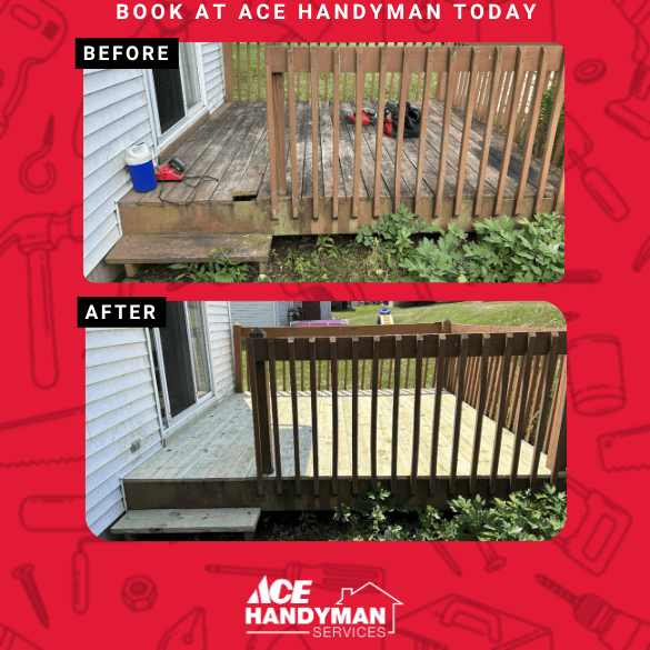  Deck repair before and after by Ace Handyman Services in Lancaster, PA – damaged wood replaced with new boards.