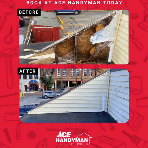 Exterior wind damage repair by Ace Handyman Services in Lancaster, PA, featuring siding and sheathing replacement to restore the home after storm damage. Exterior wind damage repair by Ace Handyman Services in Lancaster, PA, featuring siding and sheathing replacement to restore the home after storm damage.