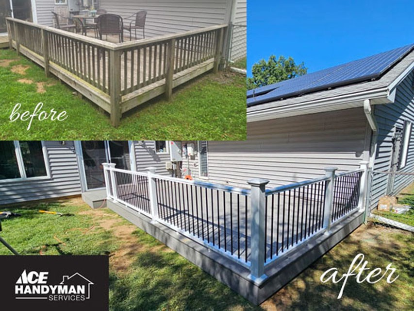 Deck railing replacement showing before and after by Ace Handyman Services.