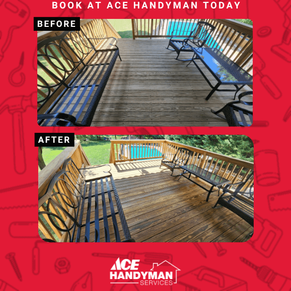 From dirty to clean, before and after picture of deck power washing done by Ace Handyman Services in Lancaster, PA. The image shows the dirty wooden deck power-washed by our team to give it a clean and fresh new look. 
