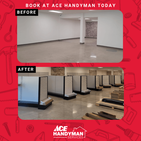 Before and after commercial renovation project by Ace Handyman Services in Lancaster, PA, showing an empty retail space transformed with new display shelving and organized fixtures installation. Before and after commercial renovation project by Ace Handyman Services in Lancaster, PA, showing an empty retail space transformed with new display shelving and organized fixtures installation.