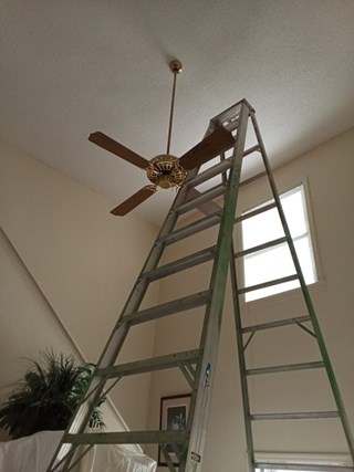 Ceiling fan remove and replace on a 15' ceiling.
