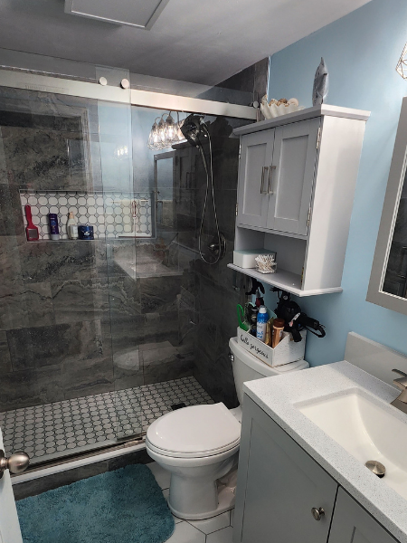Total bathroom remodel. Tile shower, floor, vanity, toilet install. Total bathroom remodel. Tile shower, floor, vanity, toilet install.