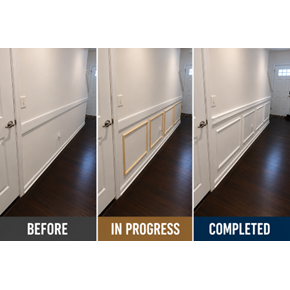Before, during, and after installation of decorative picture frame molding Cherry Dale, SC