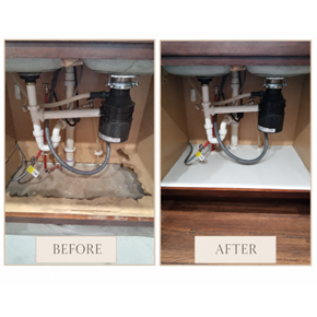 Before-and-after under-sink cabinet floor replacement around plumbing Inman, SC