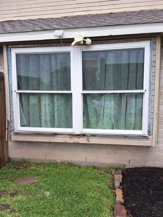 Damaged sidingtrim around kitchen window.