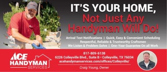 Banner for Ace Handyman Services shows a handyman working outdoors with text “IT'S YOUR HOME, Not Just Any Handyman Will Do!”, plus contact info, services, and “Craig Young, Owner.”