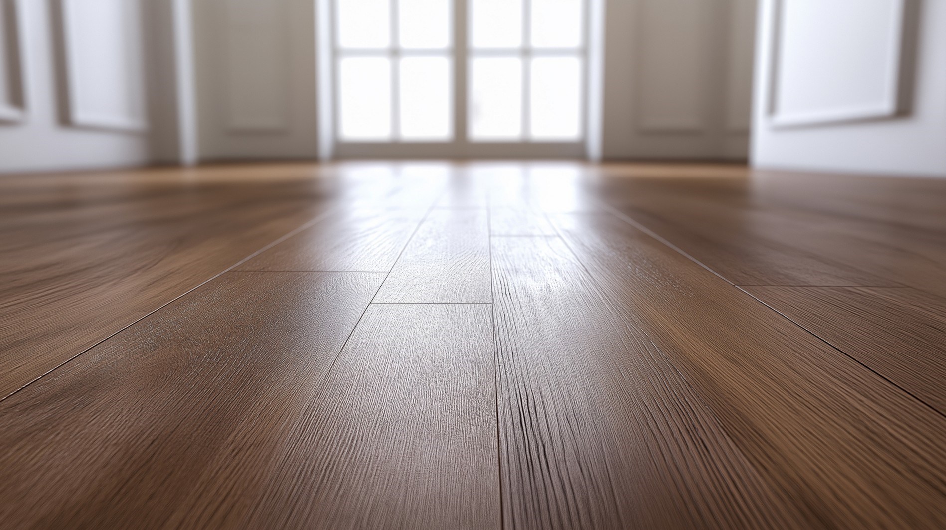  Close-up of polished, wide-plank hardwood flooring with a prominent wood grain, extending toward a bright, sunlit room with large windows in a soft-focus background.