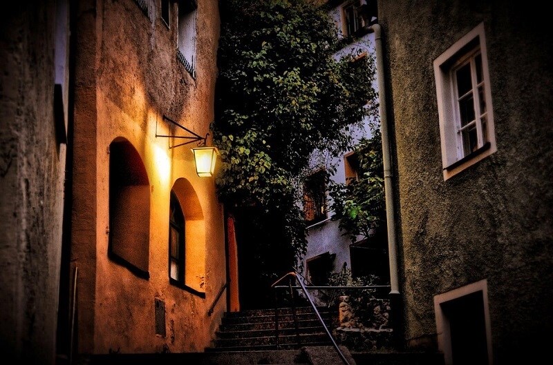 Alley Illuminated Lantern Nighttime Old Town Stairs