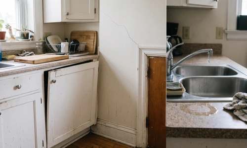 Lived-in kitchen looking through to a hallway, with base cabinets, a sink, and a doorway in view