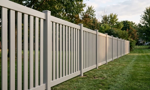 Freshly painted vinyl fence run in a soft neutral tone with an even finish along a mown backyard lawn