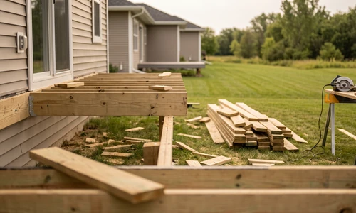 Partially framed backyard deck with the ledger fastened to the house wall and floor joists installed part way across, offcuts and sawdust where work paused