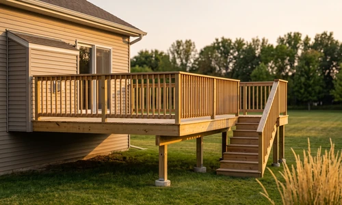 Completed attached elevated deck with the ledger board connection to the house, posts on concrete footings, a full code-height railing and steps down to the lawn