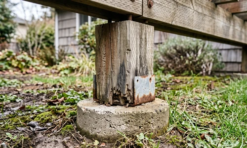 Split and rotting wood deck support post at its concrete pier footing with deck framing above