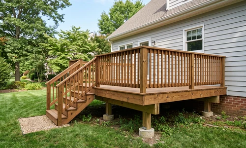 Finished attached wood deck with fresh stain, continuous railing, ledger board, pier footings, and steps
