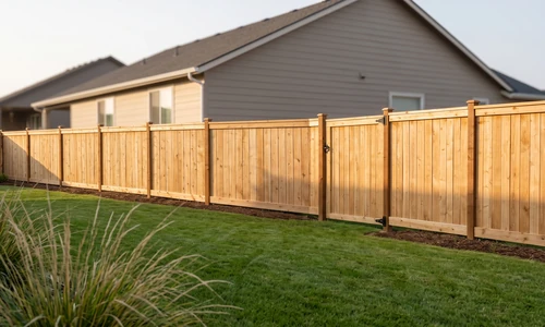 Completed cedar privacy fence with a matching gate set back from a mow strip along the property boundary, late afternoon light