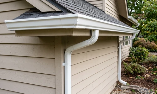 Repaired level aluminum gutter with a clean sealed joint and a downspout strapped to the wall